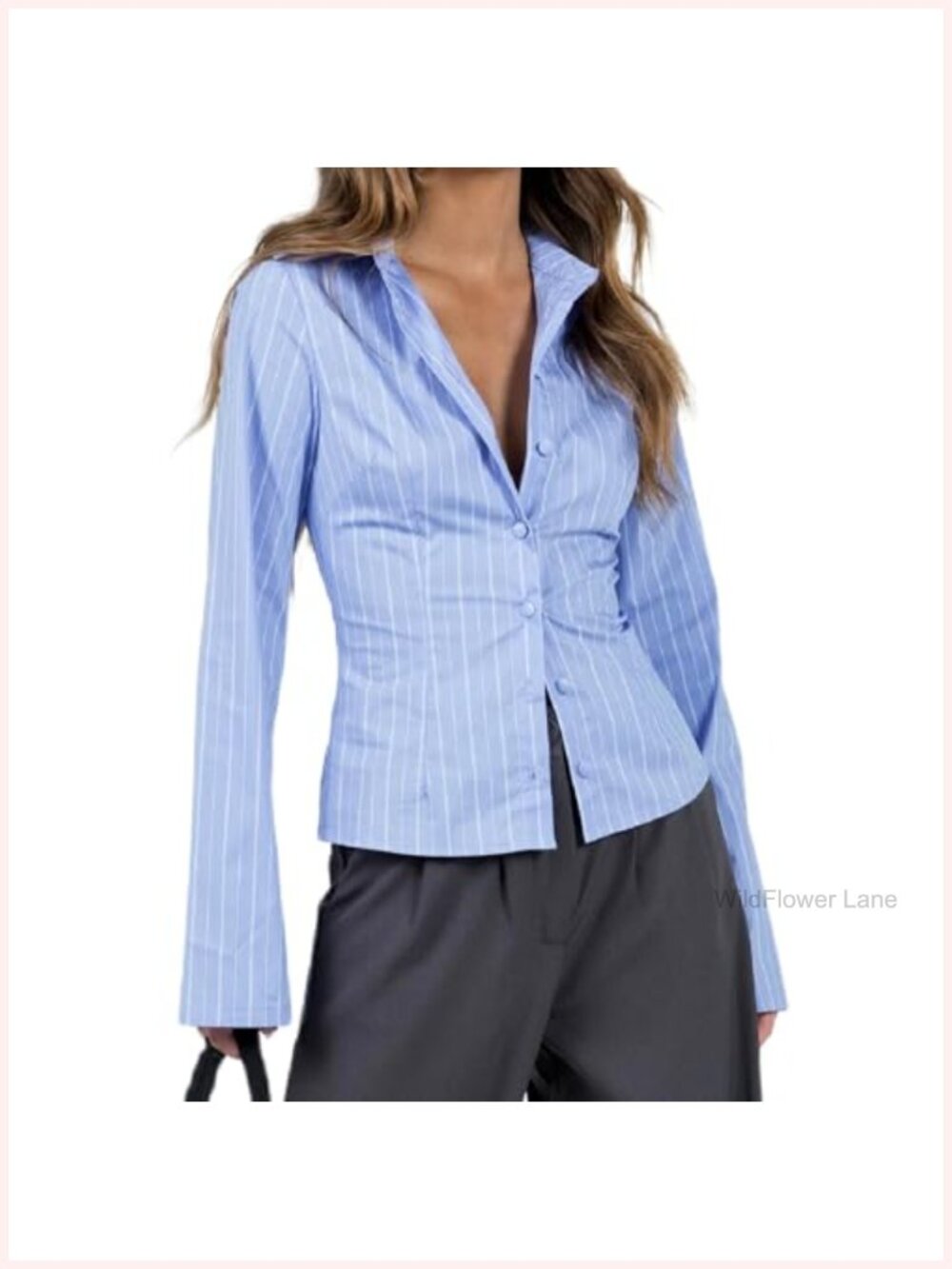 Women's Fitted Striped Button Down Cropped Blouse Long Flare Sleeve Work Top
